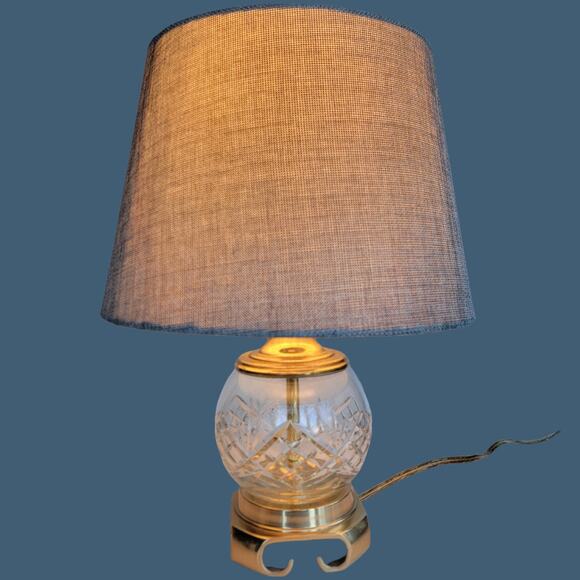 Vintage 1990s Cut Crystal and Brass Boudoir Lamp with Grey Shade - Picture 1 of 7